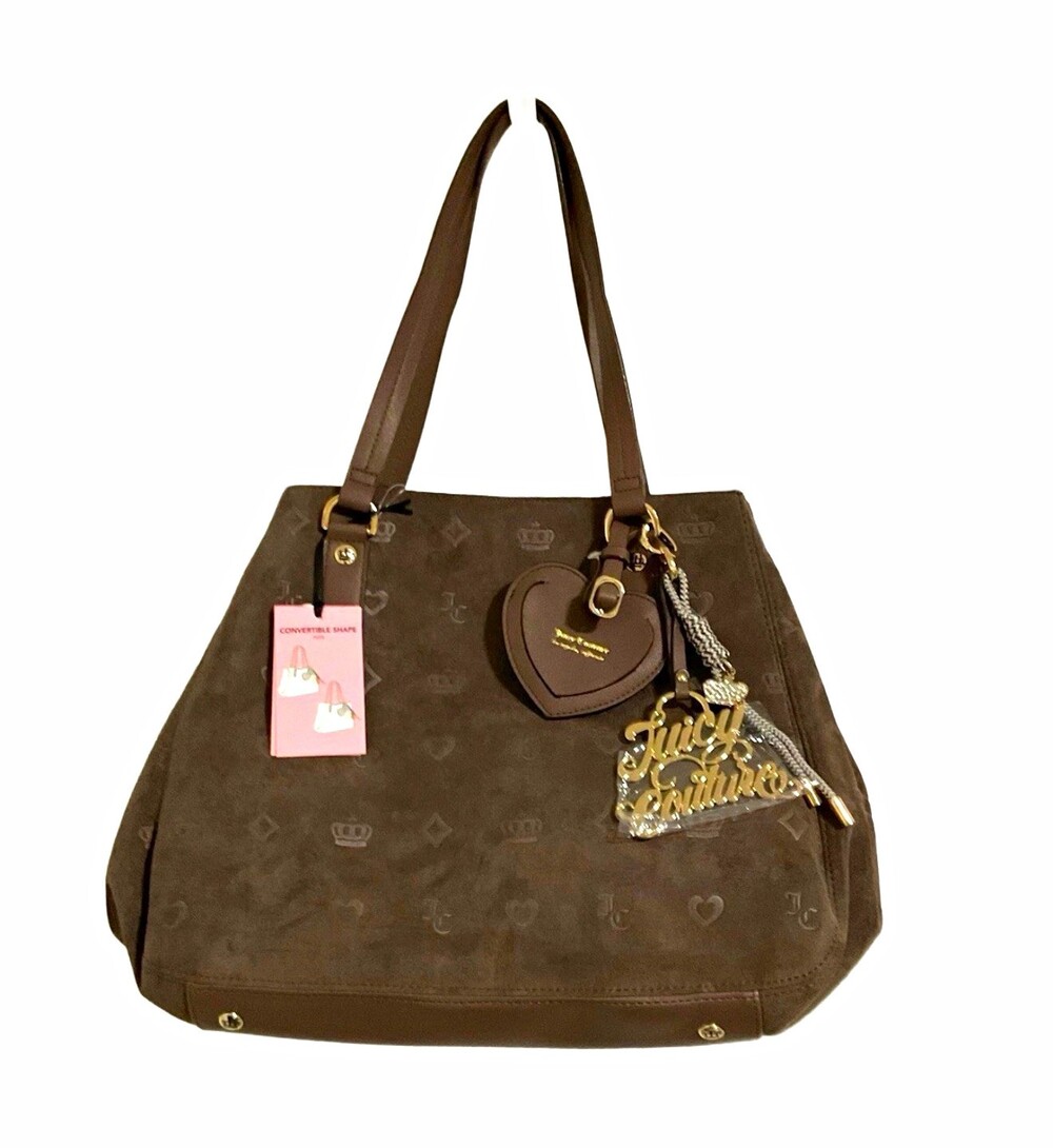 Juicy Couture Brown Logo Tote Shoulder Bag Heart Charm Magnetic Closure Pockets